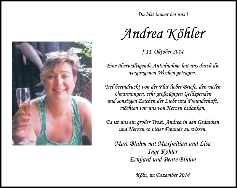  Traueranzeige für Andrea Köhler vom 20.12.2014 aus Kölner Stadt-Anzeiger / Kölnische Rundschau / Express