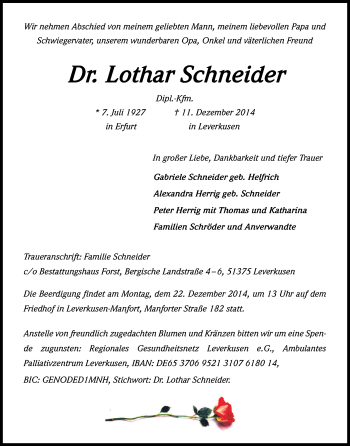 Anzeige von Lothar Schneider von Kölner Stadt-Anzeiger / Kölnische Rundschau / Express