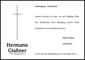 Anzeige von Hermann Glaßner von Kölner Stadt-Anzeiger / Kölnische Rundschau / Express
