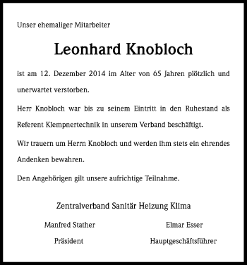 Anzeige von Leonhard Knobloch von Kölner Stadt-Anzeiger / Kölnische Rundschau / Express