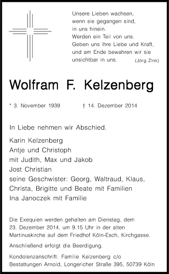 Anzeige von Wolfram F. Kelzenberg von Kölner Stadt-Anzeiger / Kölnische Rundschau / Express