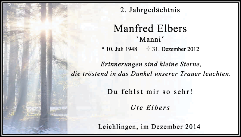 Traueranzeige für Manfred Elbers vom 31.12.2014 aus Kölner Stadt-Anzeiger / Kölnische Rundschau / Express