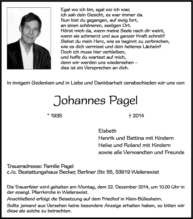  Traueranzeige für Johannes Pagel vom 18.12.2014 aus Kölner Stadt-Anzeiger / Kölnische Rundschau / Express