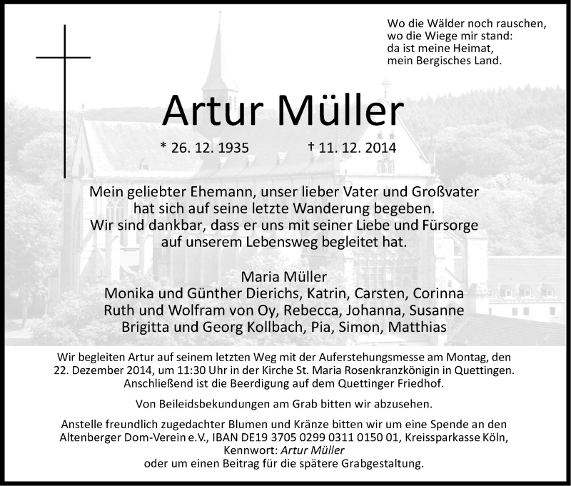  Traueranzeige für Artur Müller vom 18.12.2014 aus Kölner Stadt-Anzeiger / Kölnische Rundschau / Express