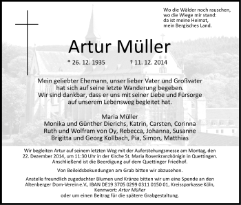 Anzeige von Artur Müller von Kölner Stadt-Anzeiger / Kölnische Rundschau / Express