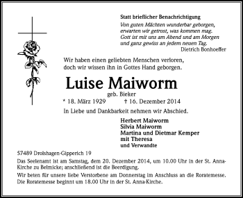 Anzeige von Luise Maiworm von Kölner Stadt-Anzeiger / Kölnische Rundschau / Express