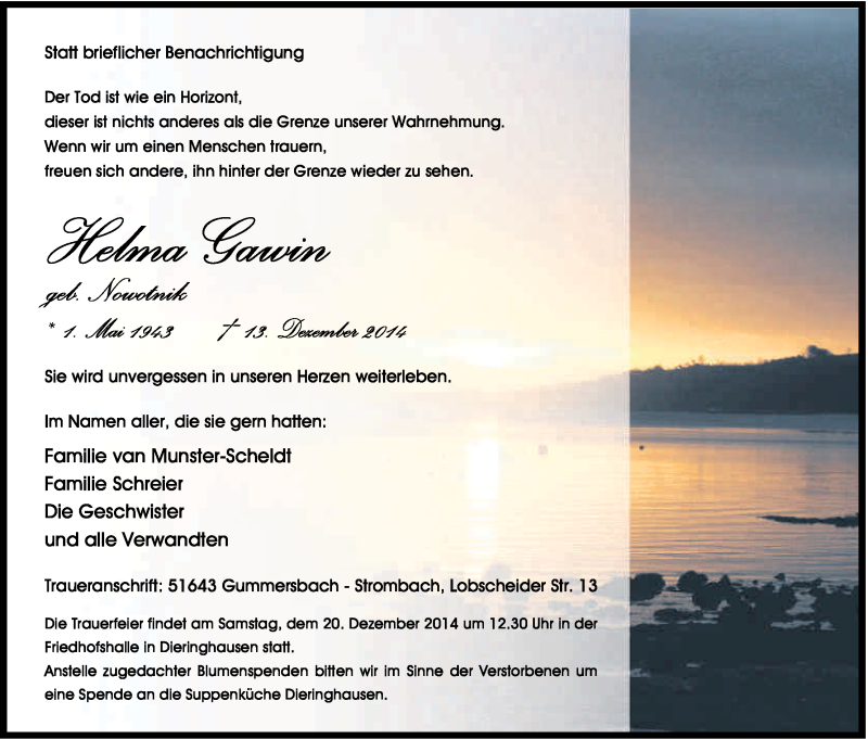  Traueranzeige für Helma Gawin vom 18.12.2014 aus Kölner Stadt-Anzeiger / Kölnische Rundschau / Express