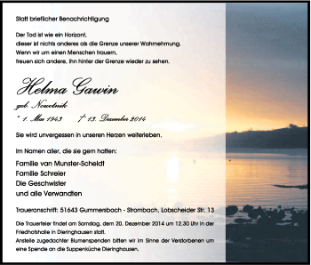 Anzeige von Helma Gawin von Kölner Stadt-Anzeiger / Kölnische Rundschau / Express