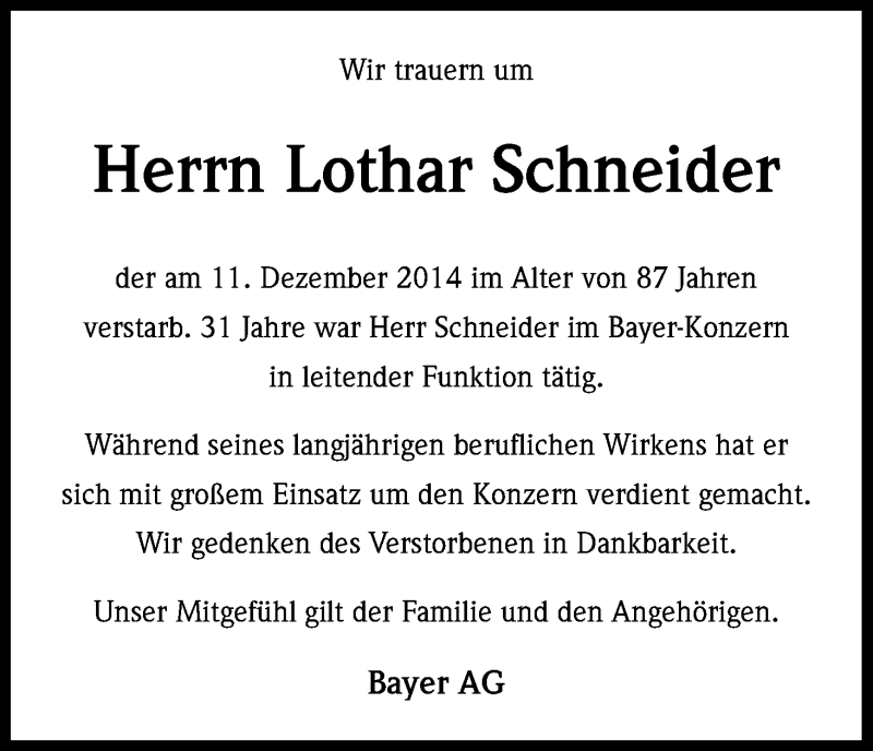  Traueranzeige für Lothar Schneider vom 18.12.2014 aus Kölner Stadt-Anzeiger / Kölnische Rundschau / Express