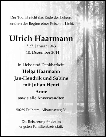 Anzeige von Ulrich Haarmann von Kölner Stadt-Anzeiger / Kölnische Rundschau / Express