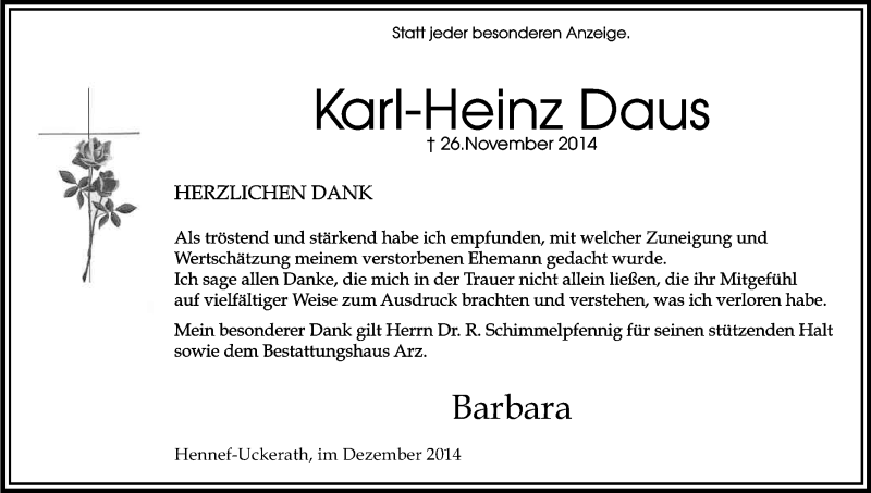  Traueranzeige für Karl-Heinz Daus vom 20.12.2014 aus Kölner Stadt-Anzeiger / Kölnische Rundschau / Express