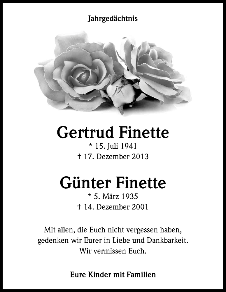  Traueranzeige für Gertrud und Günter Finette vom 20.12.2014 aus Kölner Stadt-Anzeiger / Kölnische Rundschau / Express