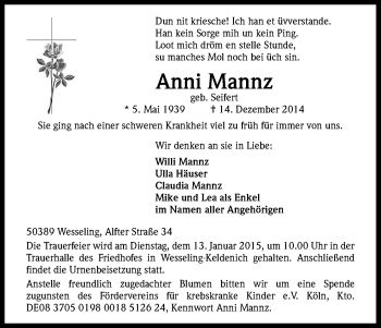 Anzeige von Anni Mannz von Kölner Stadt-Anzeiger / Kölnische Rundschau / Express