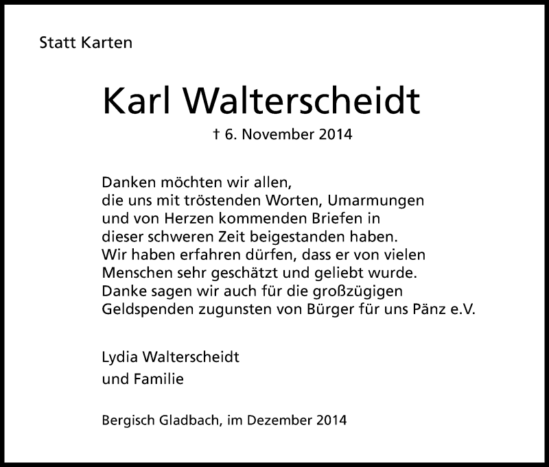  Traueranzeige für Karl Walterscheidt vom 20.12.2014 aus Kölner Stadt-Anzeiger / Kölnische Rundschau / Express