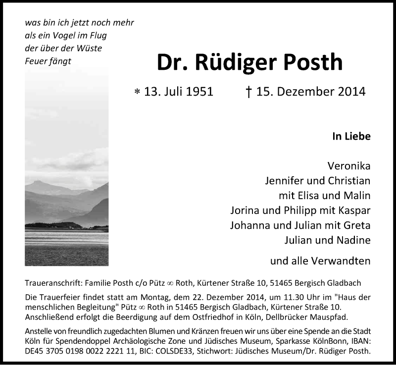  Traueranzeige für Rüdiger Posth vom 20.12.2014 aus Kölner Stadt-Anzeiger / Kölnische Rundschau / Express