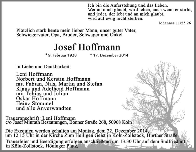  Traueranzeige für Josef Hoffmann vom 19.12.2014 aus Kölner Stadt-Anzeiger / Kölnische Rundschau / Express