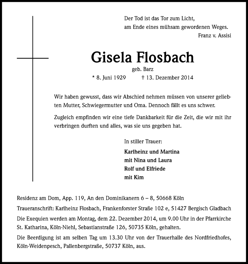  Traueranzeige für Gisela Flosbach vom 20.12.2014 aus Kölner Stadt-Anzeiger / Kölnische Rundschau / Express