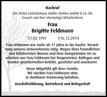 Anzeige von Brigitte Feldmann von Kölner Stadt-Anzeiger / Kölnische Rundschau / Express