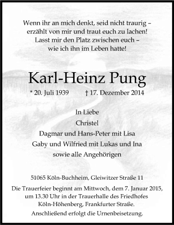 Anzeige von Karl-Heinz Pung von Kölner Stadt-Anzeiger / Kölnische Rundschau / Express