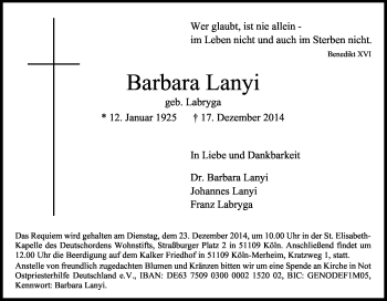 Anzeige von Barbara Lanyi von Kölner Stadt-Anzeiger / Kölnische Rundschau / Express