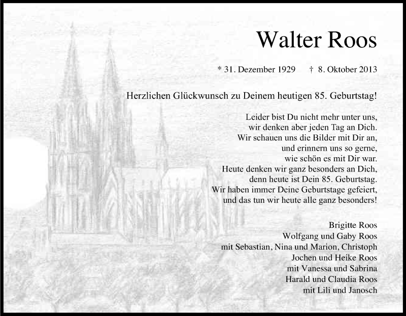  Traueranzeige für Walter Roos vom 31.12.2014 aus Kölner Stadt-Anzeiger / Kölnische Rundschau / Express
