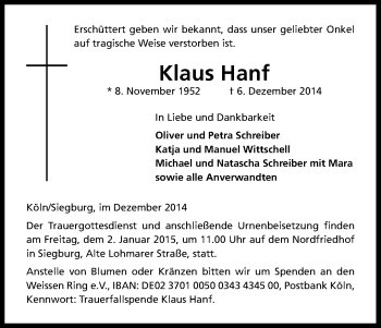 Anzeige von Klaus Hanf von Kölner Stadt-Anzeiger / Kölnische Rundschau / Express