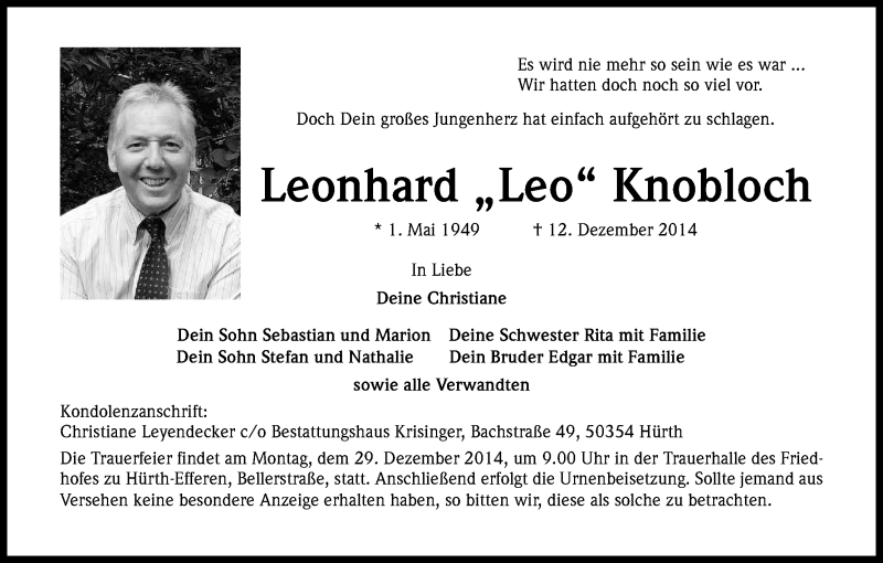  Traueranzeige für Leonhard Knobloch vom 20.12.2014 aus Kölner Stadt-Anzeiger / Kölnische Rundschau / Express