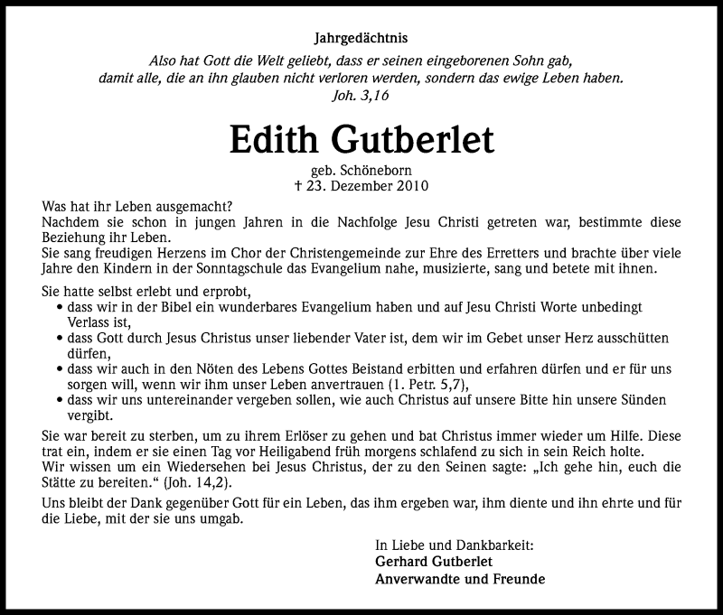  Traueranzeige für Edith Gutberlet vom 23.12.2014 aus Kölner Stadt-Anzeiger / Kölnische Rundschau / Express
