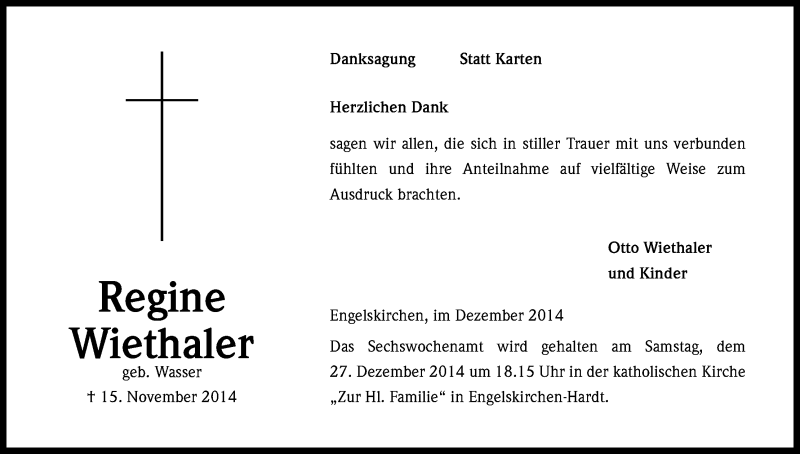  Traueranzeige für Regine Wiethaler vom 20.12.2014 aus Kölner Stadt-Anzeiger / Kölnische Rundschau / Express