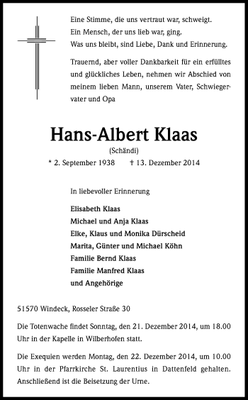Anzeige von Hans-Albert Klaas von Kölner Stadt-Anzeiger / Kölnische Rundschau / Express