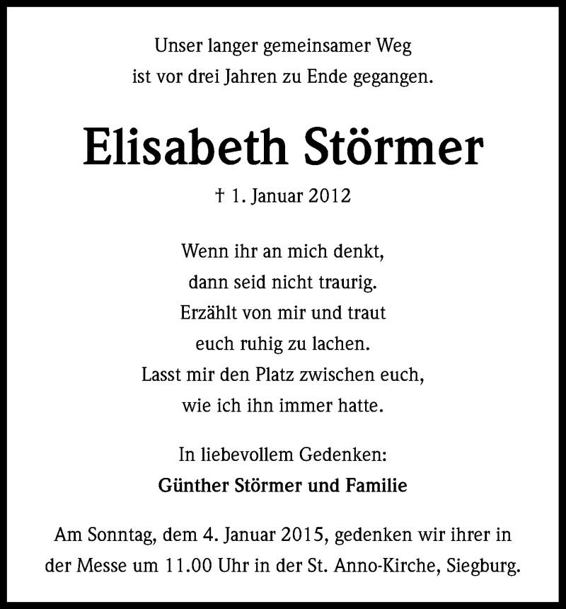  Traueranzeige für Elisabeth Störmer vom 27.12.2014 aus Kölner Stadt-Anzeiger / Kölnische Rundschau / Express