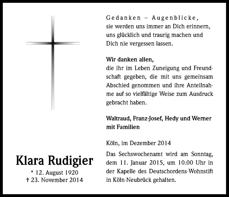  Traueranzeige für Klara Rudigier vom 20.12.2014 aus Kölner Stadt-Anzeiger / Kölnische Rundschau / Express