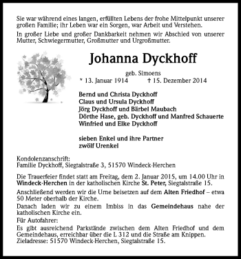 Anzeige von Johanna Dyckhoff von Kölner Stadt-Anzeiger / Kölnische Rundschau / Express