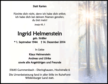 Anzeige von Ingrid Helmenstein von Kölner Stadt-Anzeiger / Kölnische Rundschau / Express