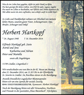 Anzeige von Herbert Hartkopf von Kölner Stadt-Anzeiger / Kölnische Rundschau / Express