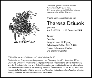 Anzeige von Therese Dziwak von Kölner Stadt-Anzeiger / Kölnische Rundschau / Express