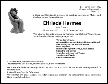 Anzeige von Elfriede Hermes von Kölner Stadt-Anzeiger / Kölnische Rundschau / Express
