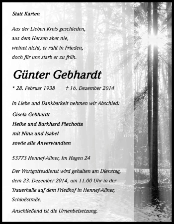 Anzeige von Günter Gebhardt von Kölner Stadt-Anzeiger / Kölnische Rundschau / Express