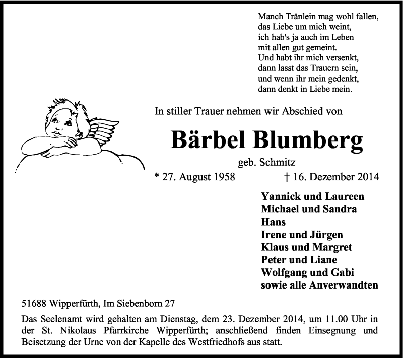  Traueranzeige für Bärbel Blumberg vom 19.12.2014 aus Kölner Stadt-Anzeiger / Kölnische Rundschau / Express