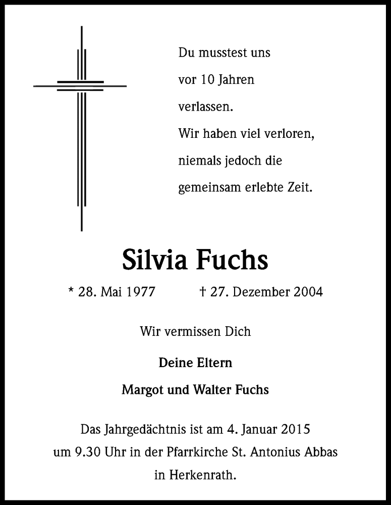  Traueranzeige für Silvia Fuchs vom 29.12.2014 aus Kölner Stadt-Anzeiger / Kölnische Rundschau / Express