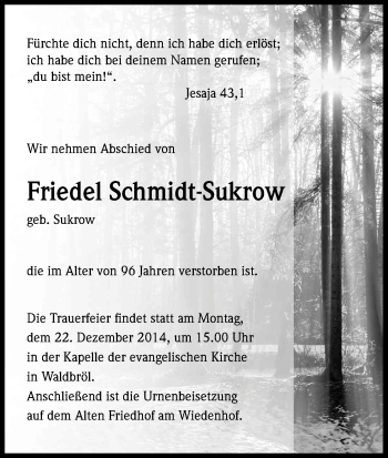 Anzeige von Friedel Schmidt-Sukrow von Kölner Stadt-Anzeiger / Kölnische Rundschau / Express