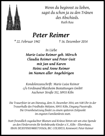 Anzeige von Peter Reimer von Kölner Stadt-Anzeiger / Kölnische Rundschau / Express