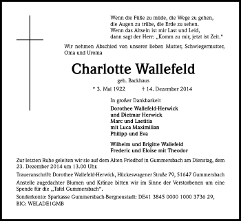 Anzeige von Charlotte Wallefeld von Kölner Stadt-Anzeiger / Kölnische Rundschau / Express