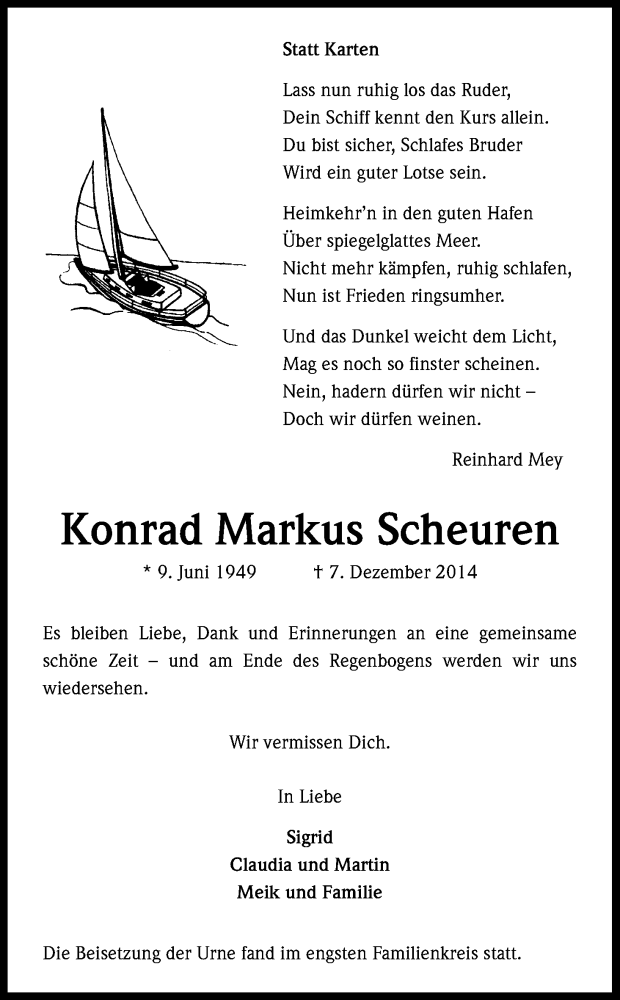  Traueranzeige für Konrad Markus Scheuren vom 20.12.2014 aus Kölner Stadt-Anzeiger / Kölnische Rundschau / Express