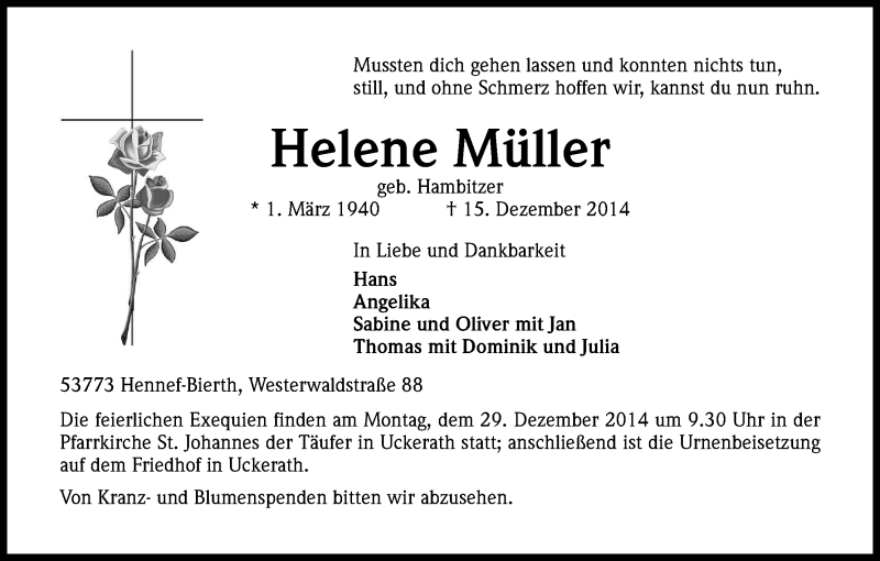  Traueranzeige für Helene Müller vom 20.12.2014 aus Kölner Stadt-Anzeiger / Kölnische Rundschau / Express