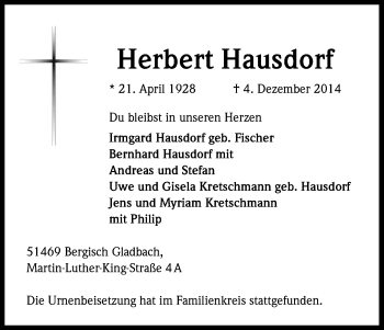 Anzeige von Herbert Hausdorf von Kölner Stadt-Anzeiger / Kölnische Rundschau / Express