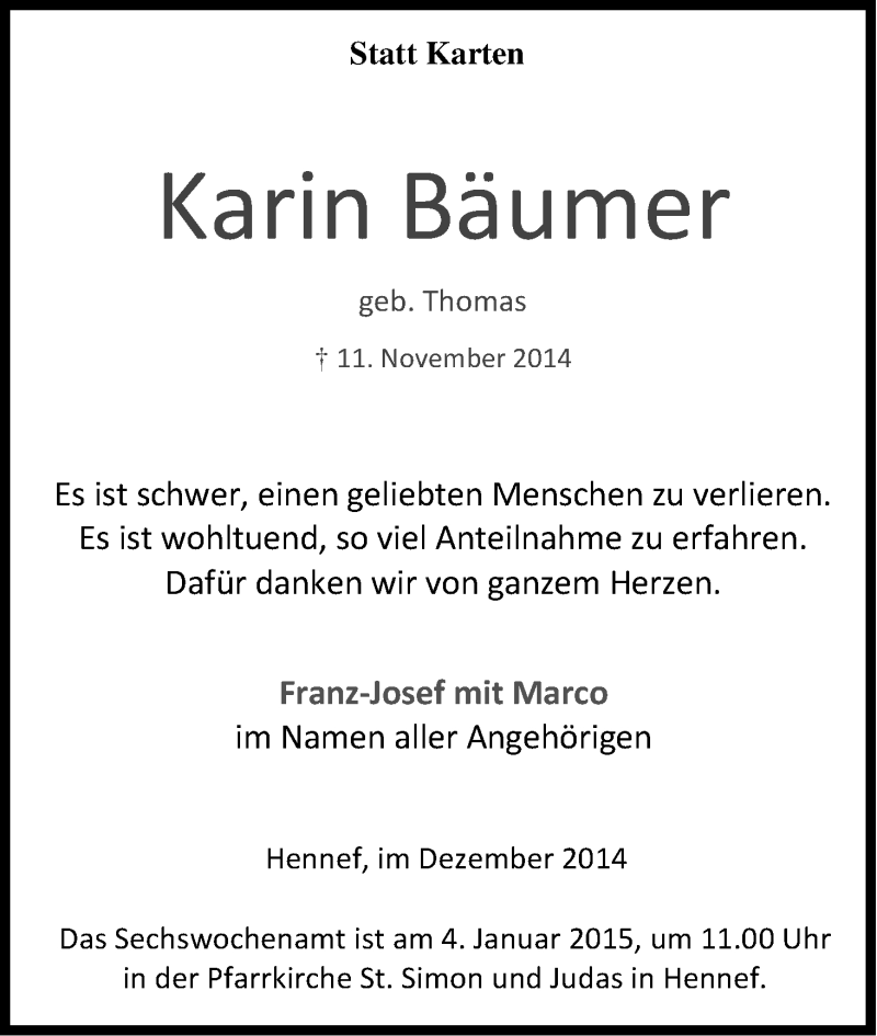  Traueranzeige für Karin Bäumer vom 20.12.2014 aus Kölner Stadt-Anzeiger / Kölnische Rundschau / Express