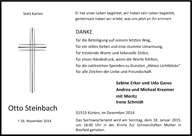  Traueranzeige für Otto Steinbach vom 10.01.2015 aus Kölner Stadt-Anzeiger / Kölnische Rundschau / Express