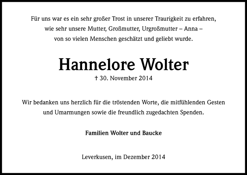  Traueranzeige für Hannelore Wolter vom 20.12.2014 aus Kölner Stadt-Anzeiger / Kölnische Rundschau / Express