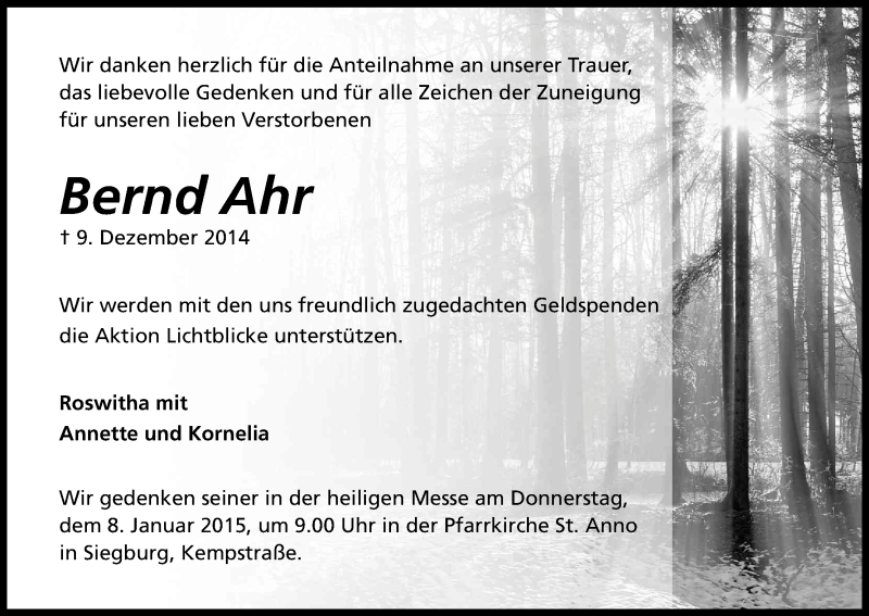  Traueranzeige für Bernd Ahr vom 20.12.2014 aus Kölner Stadt-Anzeiger / Kölnische Rundschau / Express